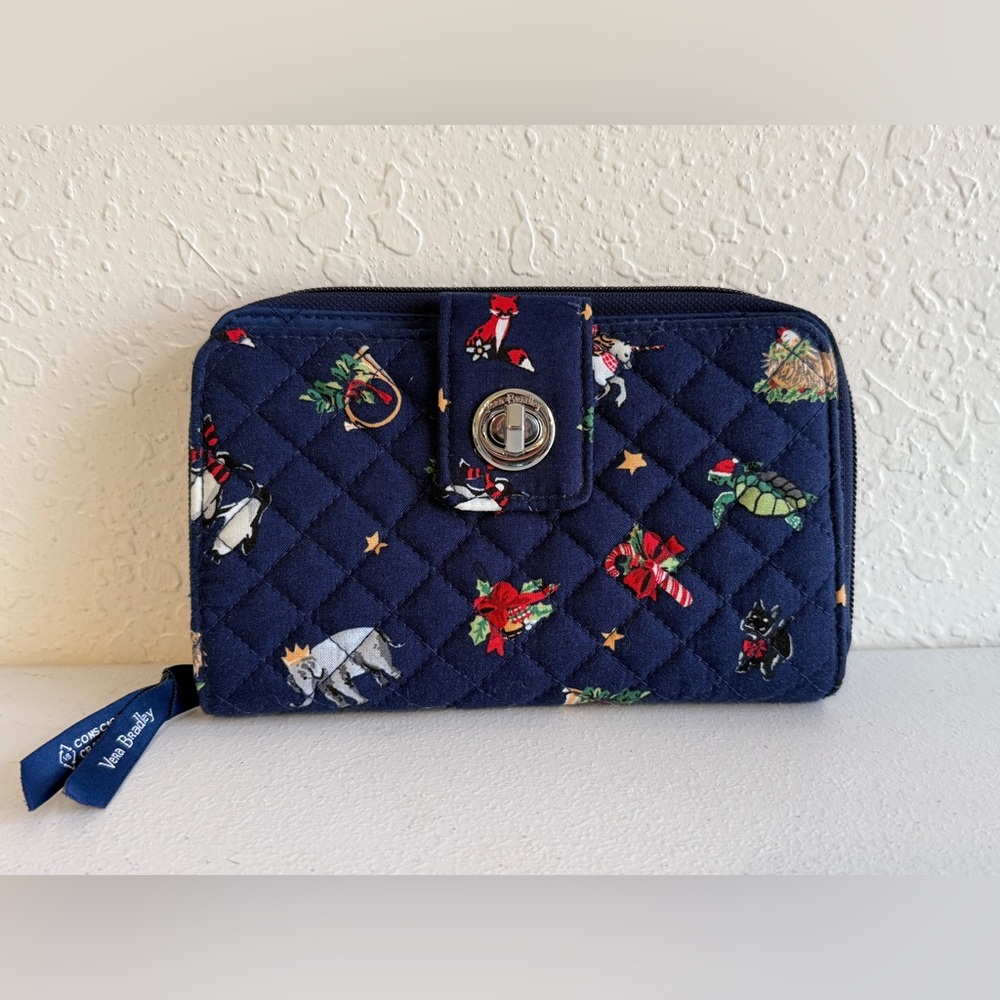 Vera Bradley RFID Turnlock Wallet Holiday Snow Globe Motifs Navy Blue Christmas